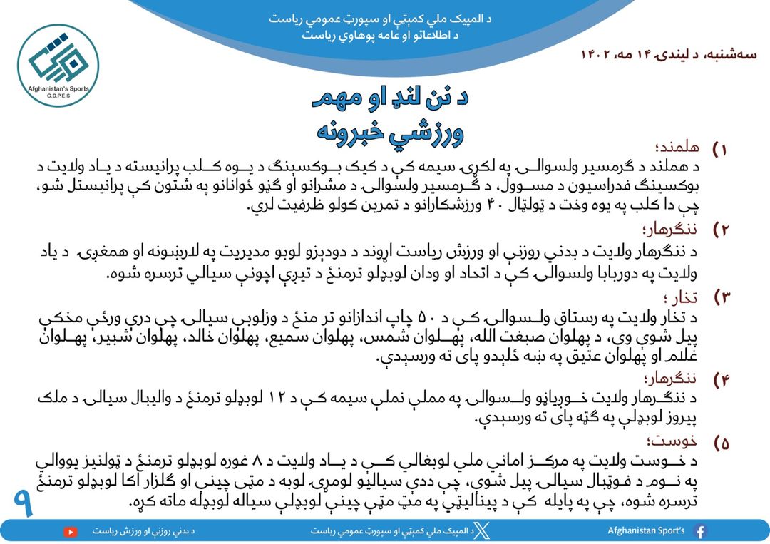 د افغانستان اړوند د نن ورځې مهم ورزشي خبرونه