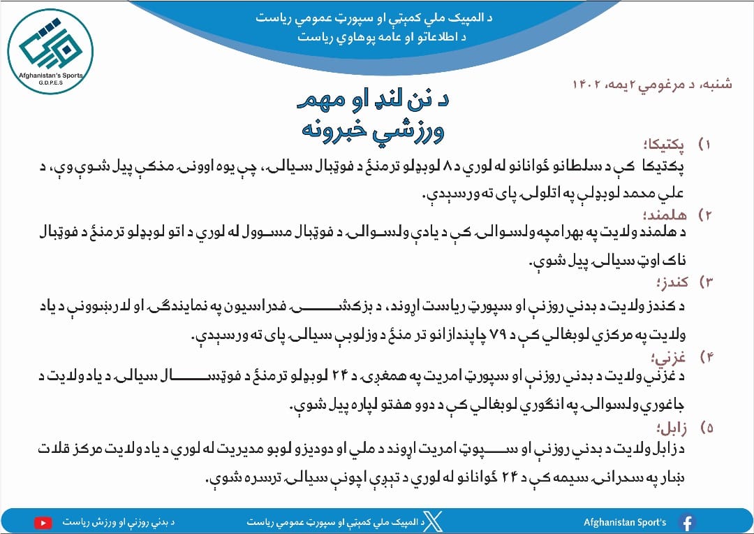 د افغانستان اړوند د نن ورځې مهم ورزشي خبرونه