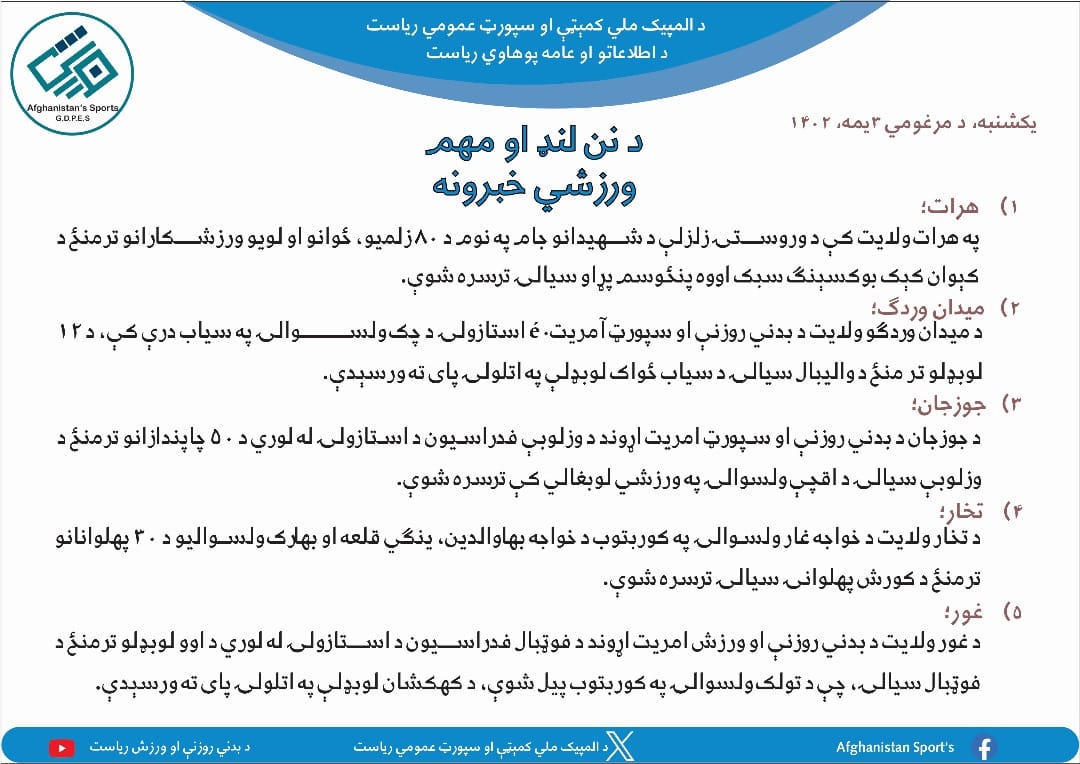 د افغانستان اړوند د نن ورځې مهم ورزشي خبرونه