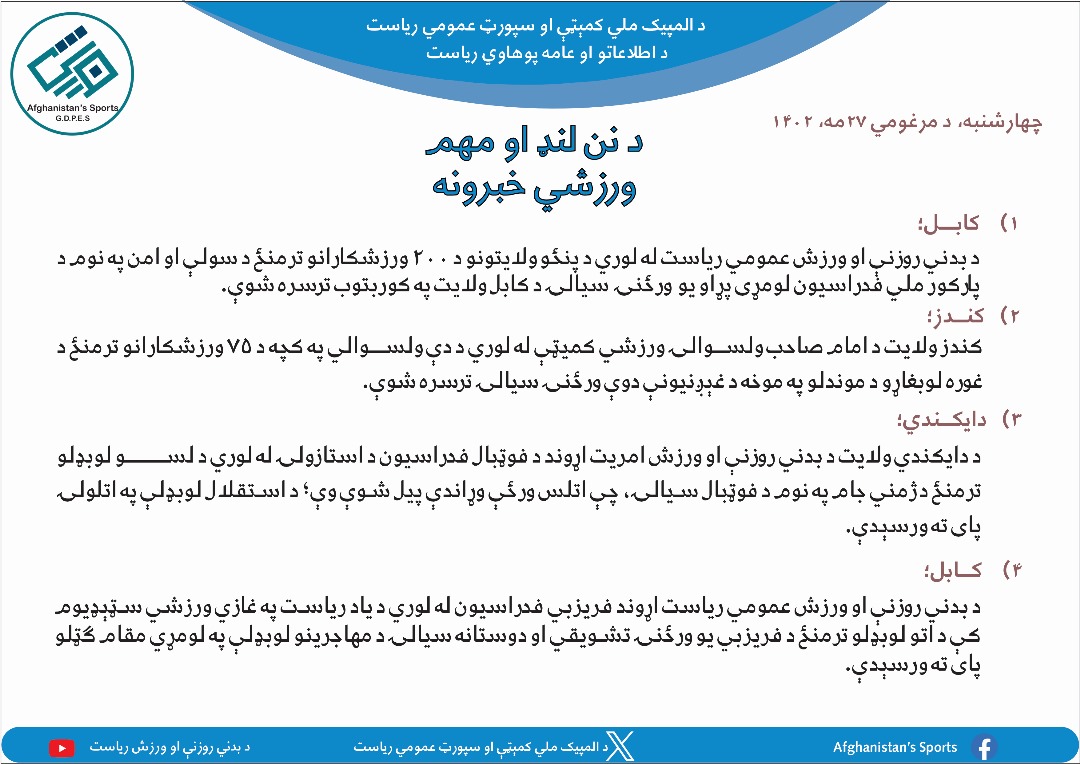 د افغانستان اړوند د نن ورځې مهم ورزشي خبرونه