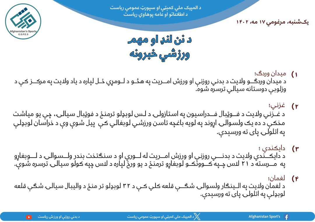 د افغانستان اړوند د نن ورځې مهم ورزشي خبرونه