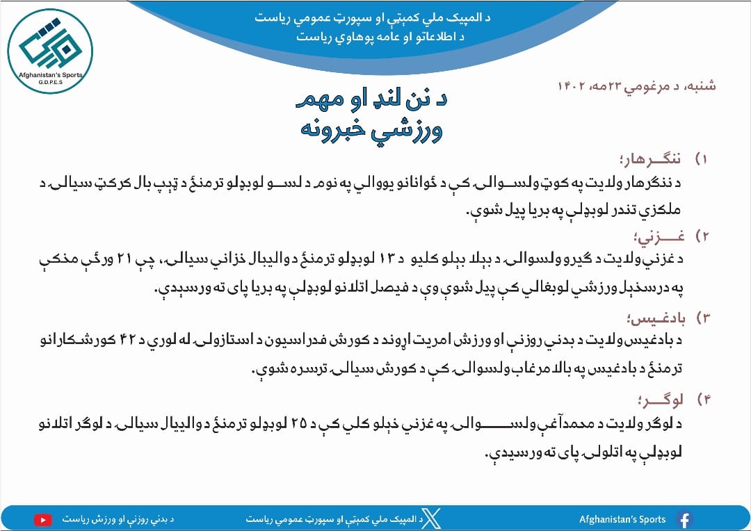 د افغانستان اړوند د نن ورځې مهم ورزشي خبرونه
