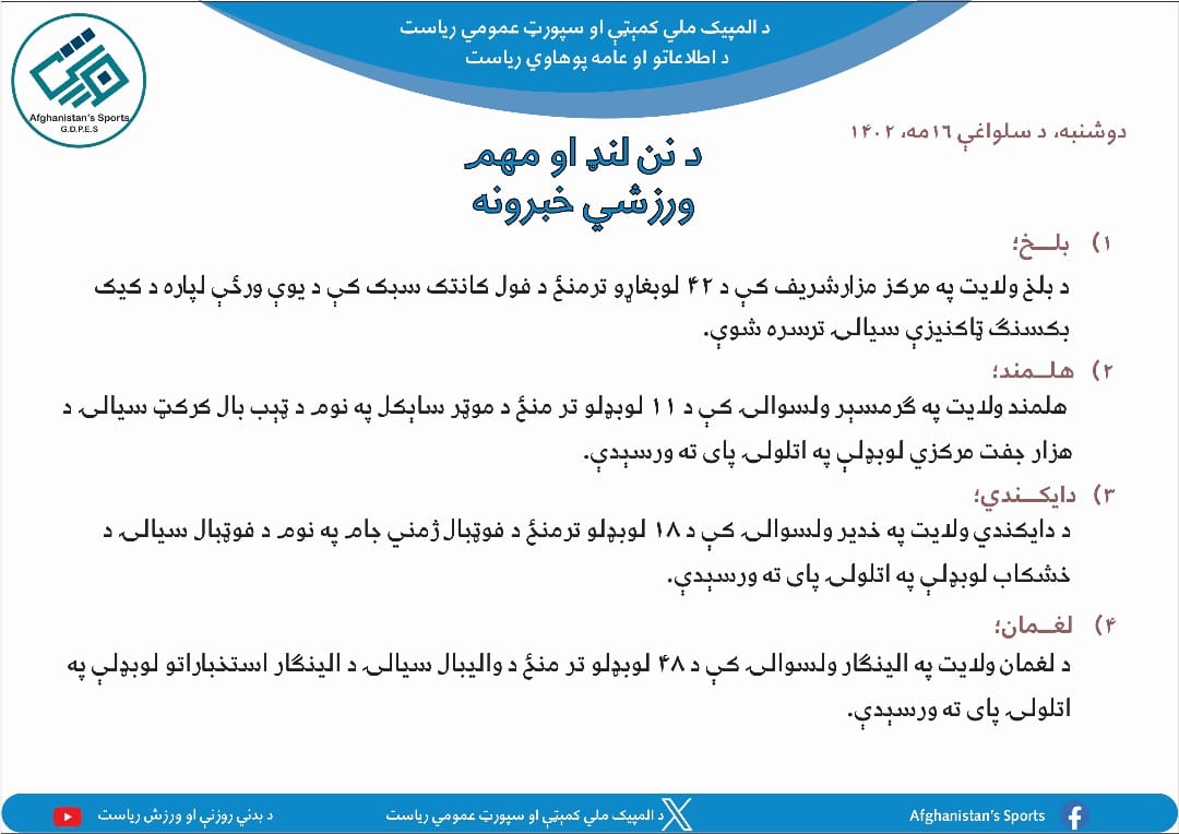 د افغانستان اړوند د نن ورځې مهم ورزشي خبرونه