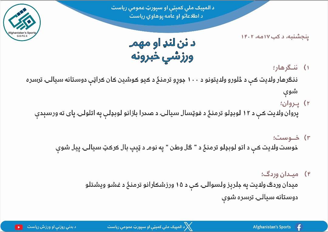 د نن ورځې لنډ ورزشي خبرونه