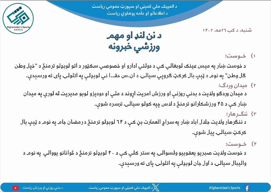 د نن ورځې مهم ورزشي خبرونه