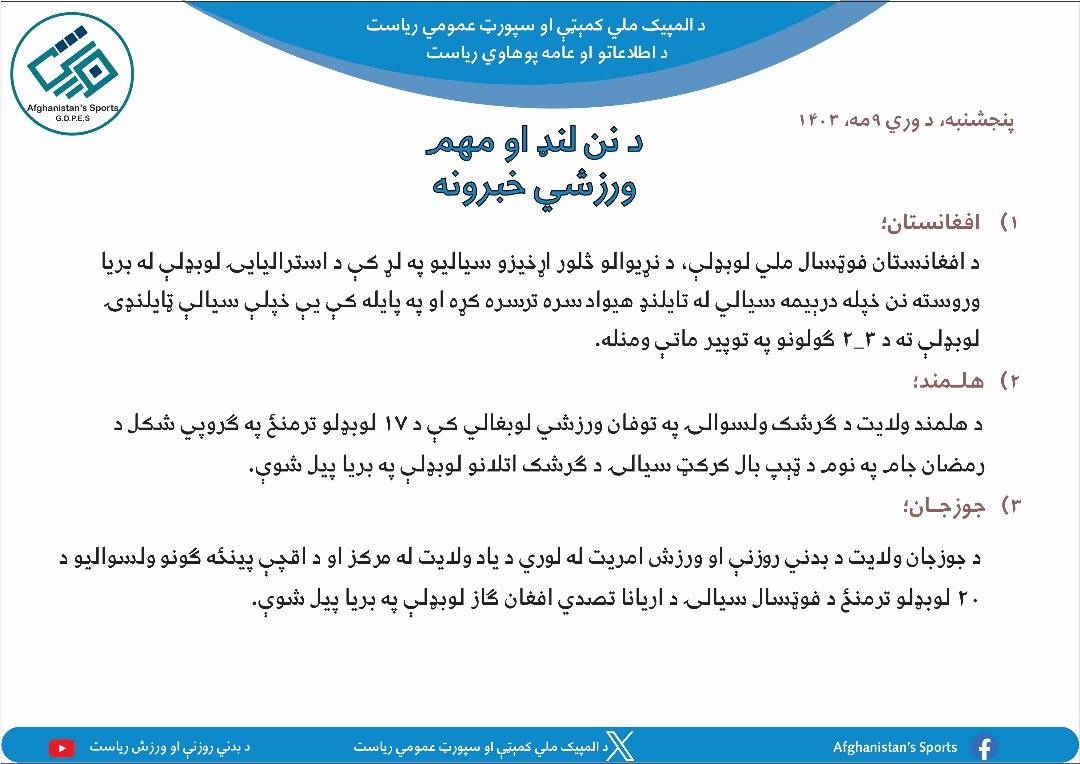 د نن ورځې لنډ ورزشي خبرونه