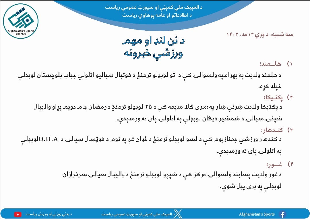 د افغانستان اړوند د نن ورځې مهم ورزشي خبرونه