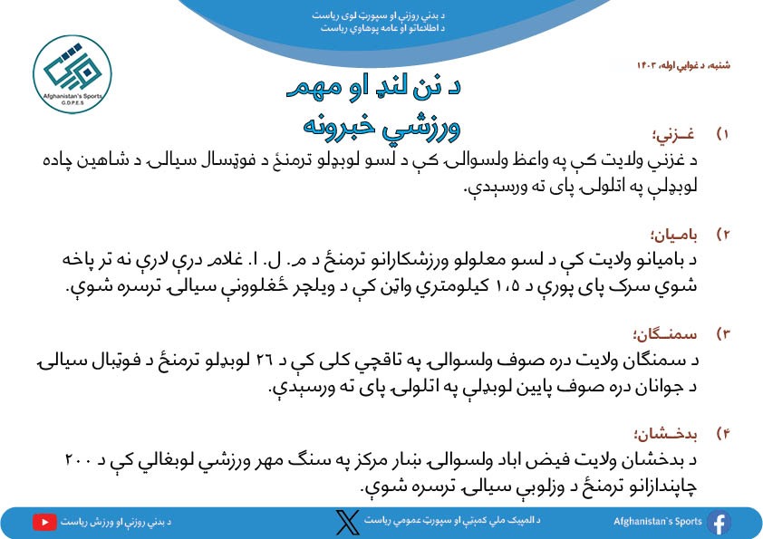 د افغانستان اړوند د نن ورځې مهم ورزشي خبرونه