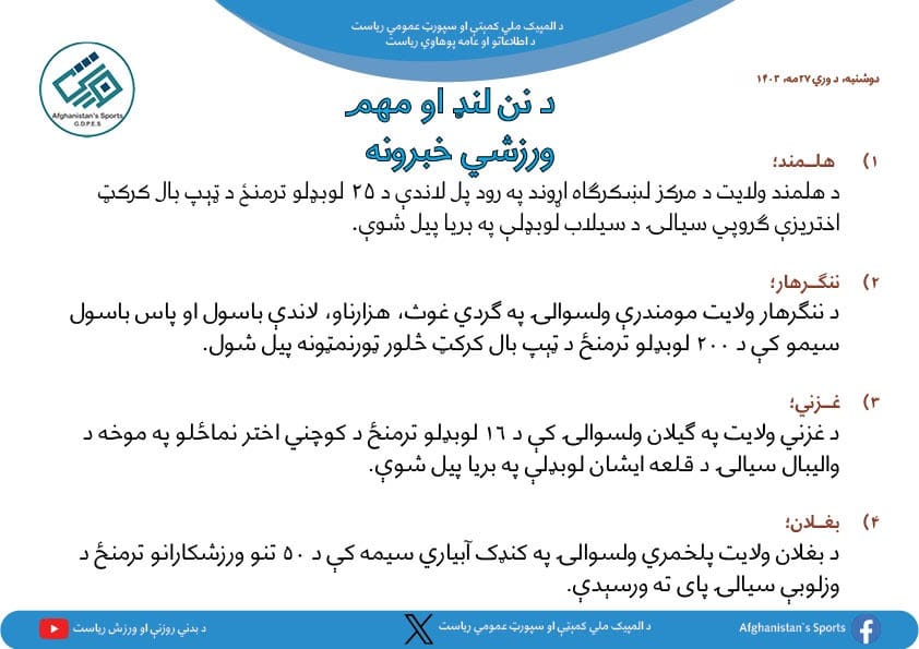 د افغانستان اړوند د نن ورځې مهم ورزشي خبرونه