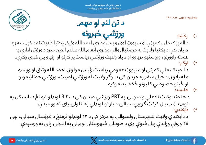 د افغانستان اړوند د نن ورځې مهم ورزشي خبرونه