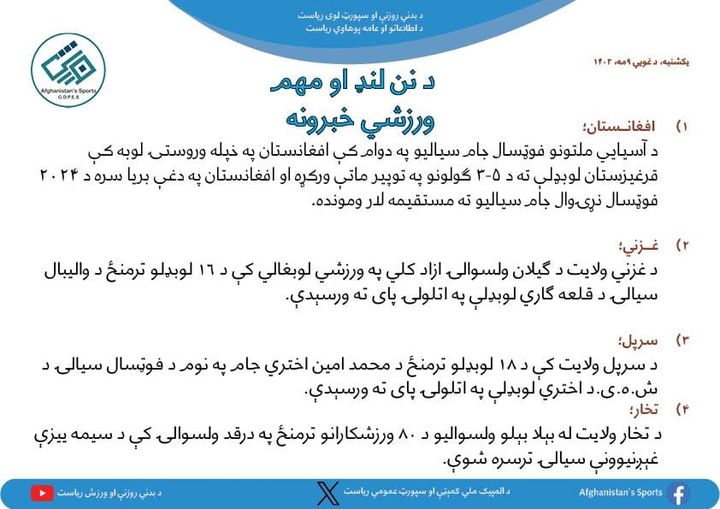 د افغانستان اړوند د نن ورځې مهم ورزشي خبرونه