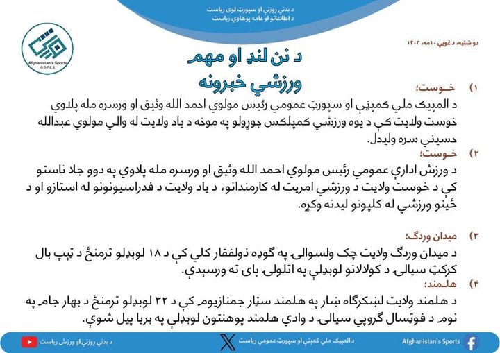 د افغانستان اړوند د نن ورځې مهم ورزشي خبرونه