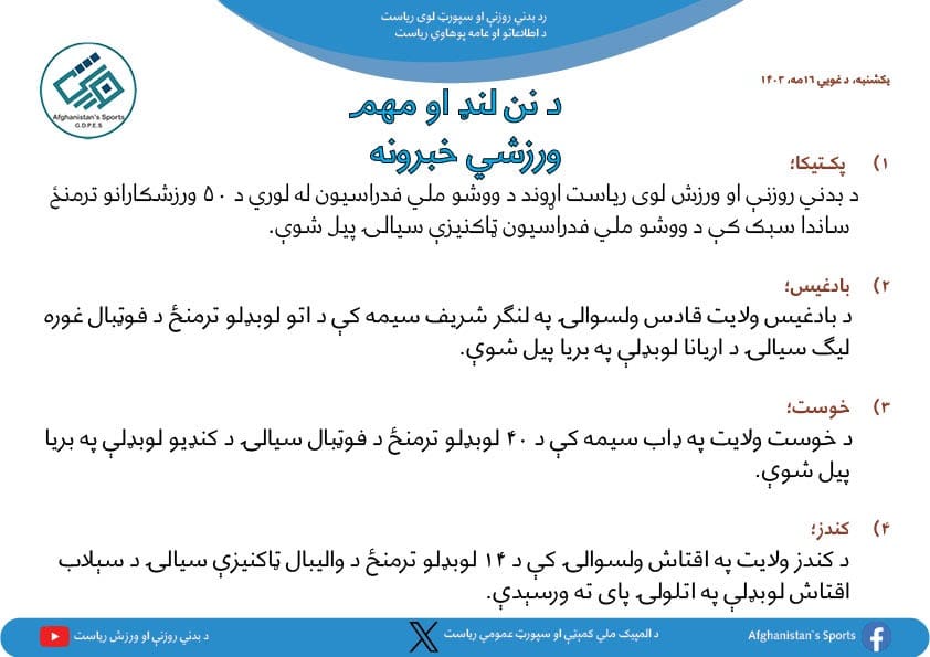 د افغانستان اړوند د نن ورځې مهم ورزشي خبرونه