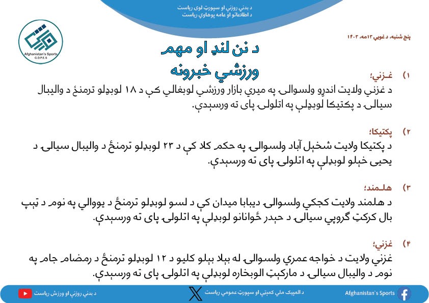 د افغانستان اړوند د نن ورځې مهم ورزشي خبرونه