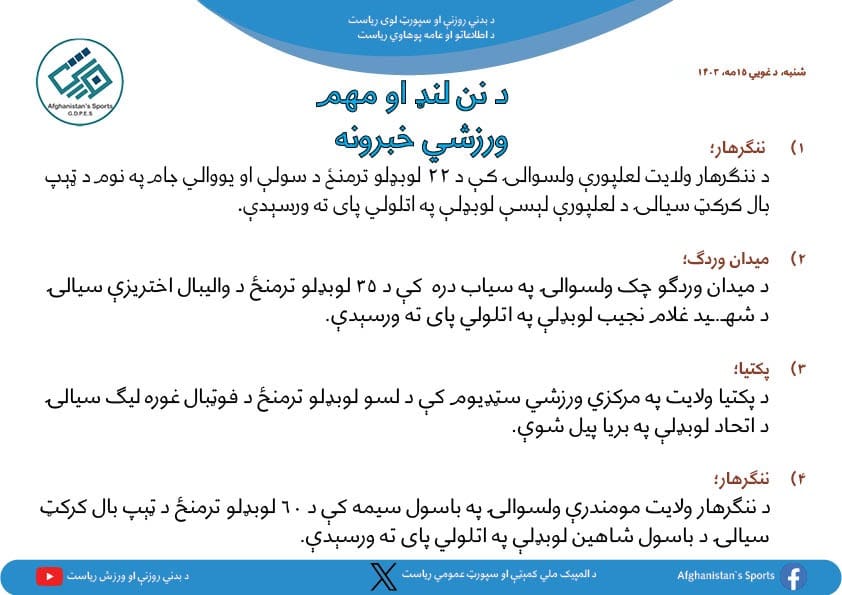 د افغانستان اړوند د نن ورځې مهم ورزشي خبرونه