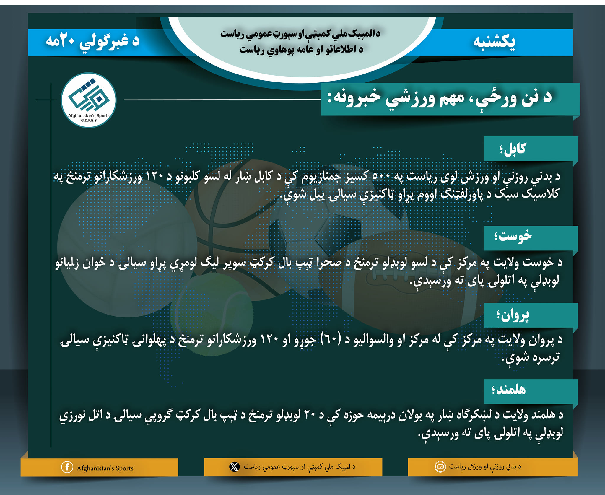 د افغانستان اړوند د نن ورځې مهم ورزشي خبرونه