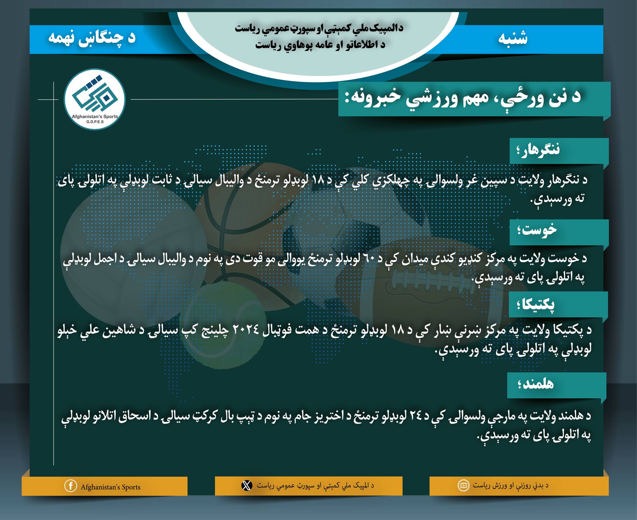 د افغانستان اړوند د نن ورځې مهم ورزشي خبرونه
