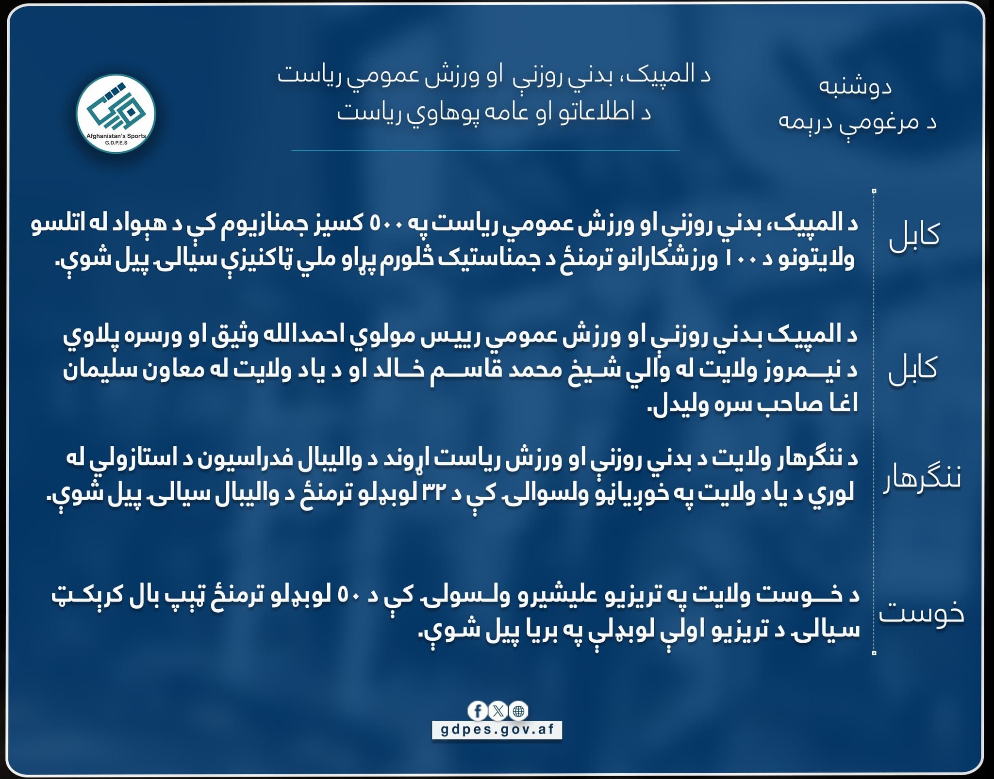 ‏د نن ورځې مهم ورزشي خبرونه