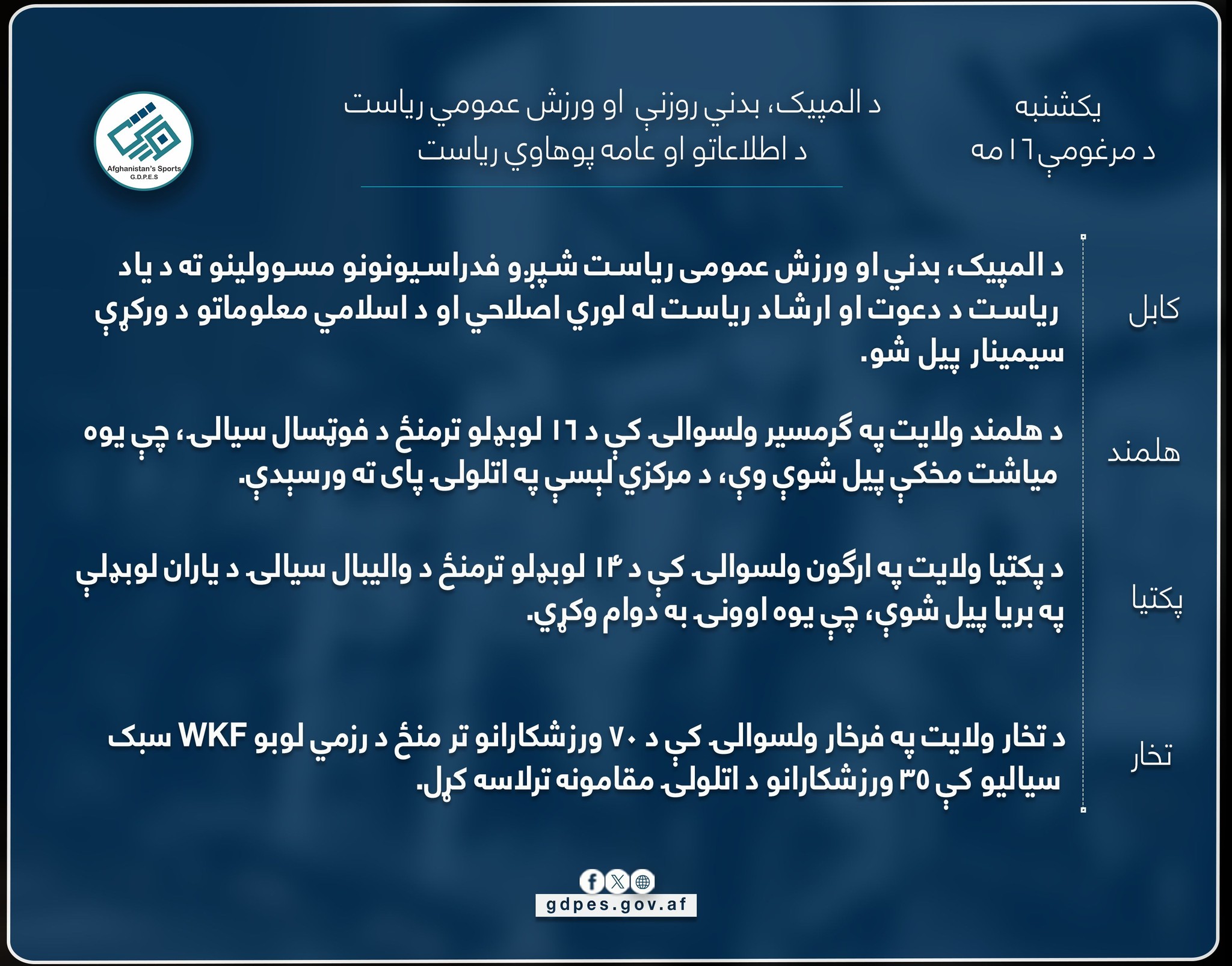 ‏د نن ورځې مهم ورزشي خبرونه