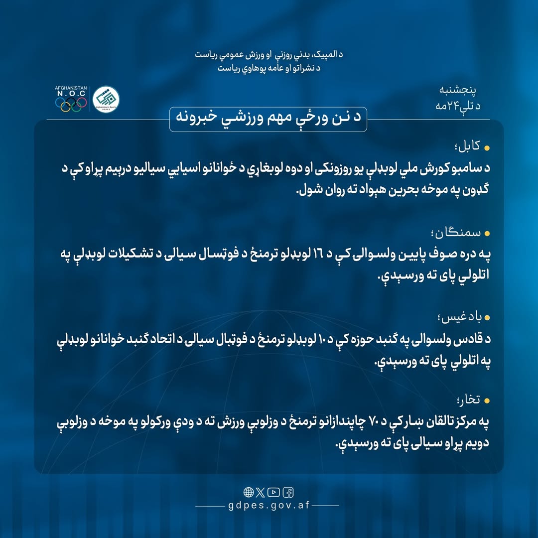 د افغانستان اړوند د نن ورځې مهم ورزشي خبرونه