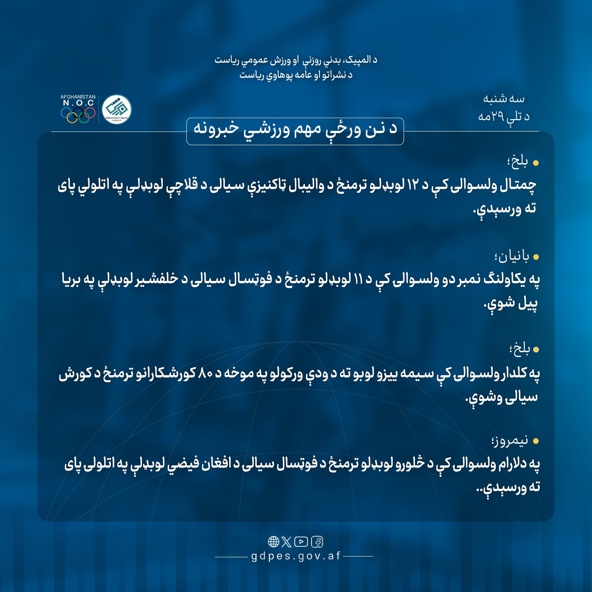د افغانستان اړوند د نن ورځې مهم ورزشي خبرونه!